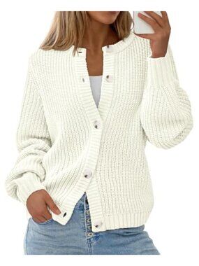 PRETTYGARDEN Womens Oversized Button Down Cardigan Sweater Ribbed Knit Crewneck